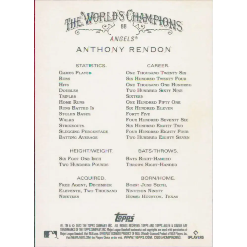 2022 Topps Allen and Ginter #88 Anthony Rendon NM-MT Los Angeles Angels Baseball Card - Baseball Card Single