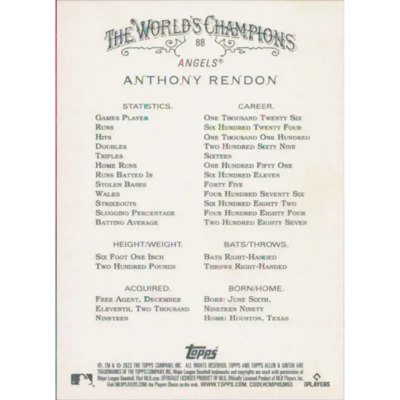 2022 Topps Allen and Ginter #88 Anthony Rendon NM-MT Los Angeles Angels Baseball Card - Baseball Card Single