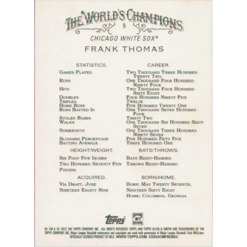 2022 Topps Allen and Ginter #9 Frank Thomas NM-MT Chicago White Sox Baseball Card - Baseball Card Single