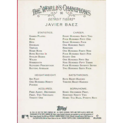 2022 Topps Allen and Ginter #90 Javier Baez NM-MT Detroit Tigers Baseball Card  Image 2
