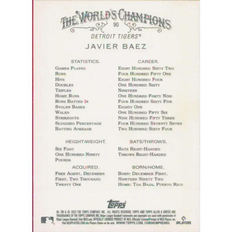 2022 Topps Allen and Ginter #90 Javier Baez NM-MT Detroit Tigers Baseball Card - Baseball Card Single