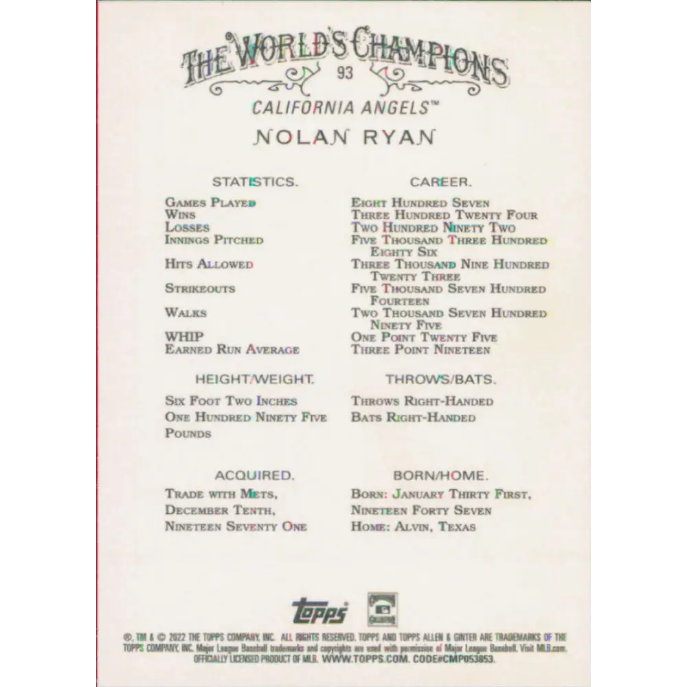 2022 Topps Allen and Ginter #93 Nolan Ryan NM-MT California Angels Baseball Card  Image 2