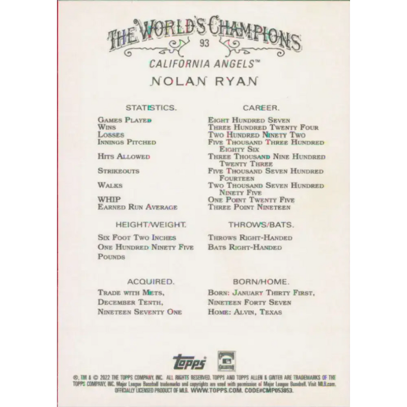 2022 Topps Allen and Ginter #93 Nolan Ryan NM-MT California Angels Baseball Card - Baseball Card Single