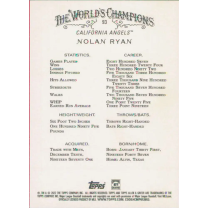2022 Topps Allen and Ginter #93 Nolan Ryan NM-MT California Angels Baseball Card  Image 2
