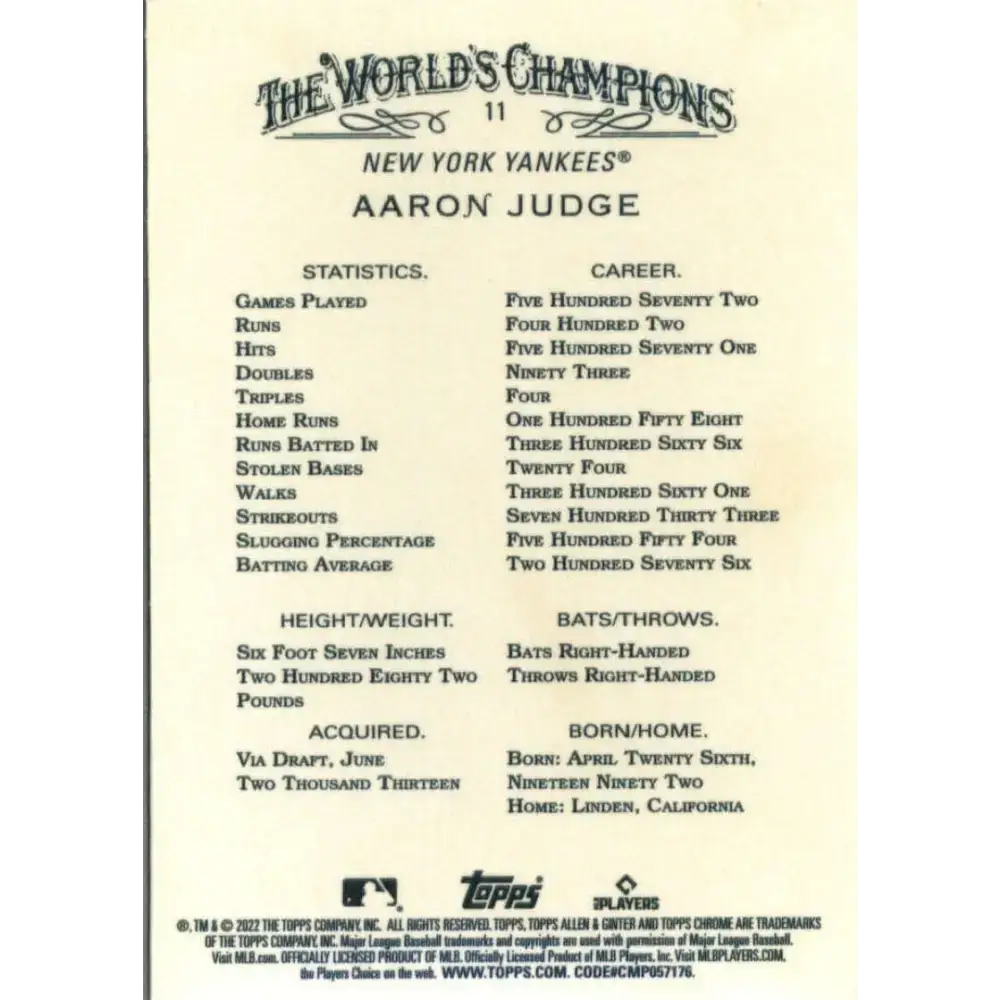 2022 Topps Allen and Ginter Chrome #11 Aaron Judge NM-MT New York Yankees Baseball Card