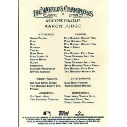 2022 Topps Allen and Ginter Chrome #11 Aaron Judge NM-MT New York Yankees Baseball Card