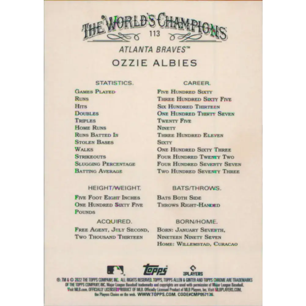 2022 Topps Allen and Ginter Chrome #113 Ozzie Albies NM-MT Atlanta Braves Baseball Card - Baseball Card Single
