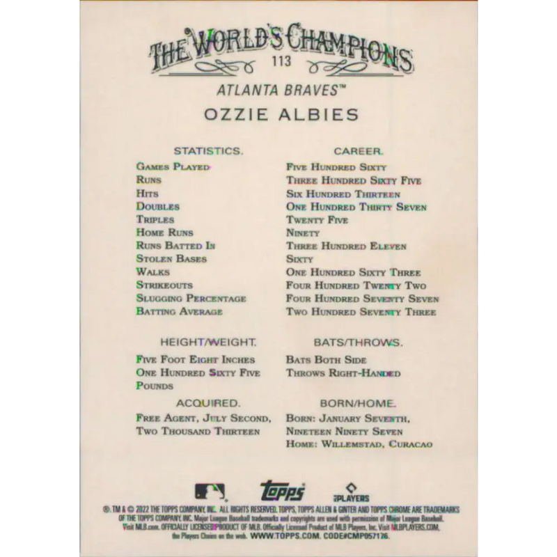 2022 Topps Allen and Ginter Chrome #113 Ozzie Albies NM-MT Atlanta Braves Baseball Card - Baseball Card Single