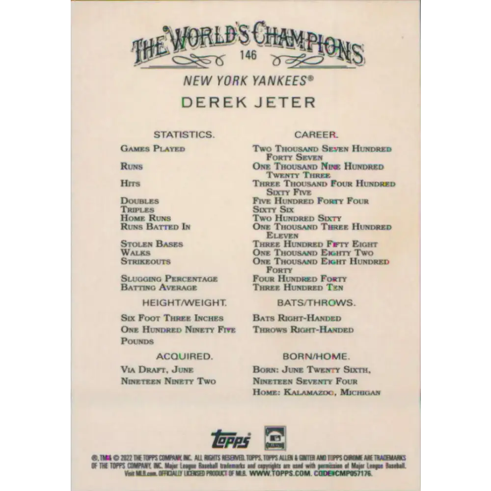 2022 Topps Allen and Ginter Chrome #146 Derek Jeter NM-MT New York Yankees Baseball Card - Baseball Card Single