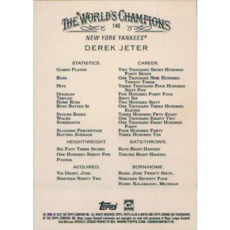2022 Topps Allen and Ginter Chrome #146 Derek Jeter NM-MT New York Yankees Baseball Card - Baseball Card Single