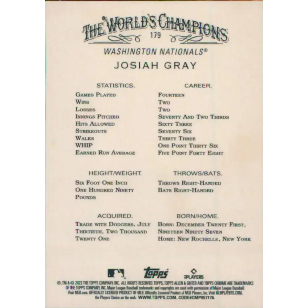 2022 Topps Allen and Ginter Chrome #179 Josiah Gray NM-MT RC Rookie Washington Nationals Baseball Card - Baseball Card