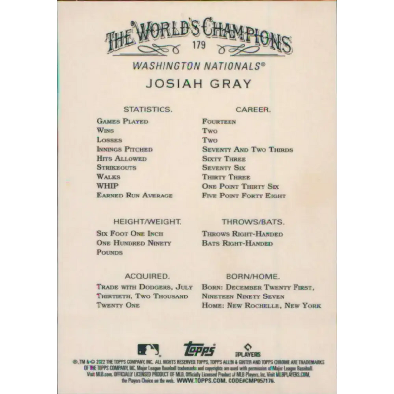 2022 Topps Allen and Ginter Chrome #179 Josiah Gray NM-MT RC Rookie Washington Nationals Baseball Card - Baseball Card
