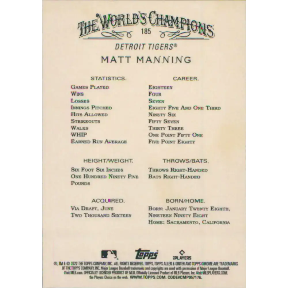 2022 Topps Allen and Ginter Chrome #185 Matt Manning NM-MT RC Rookie Detroit Tigers Baseball Card - Baseball Card Single