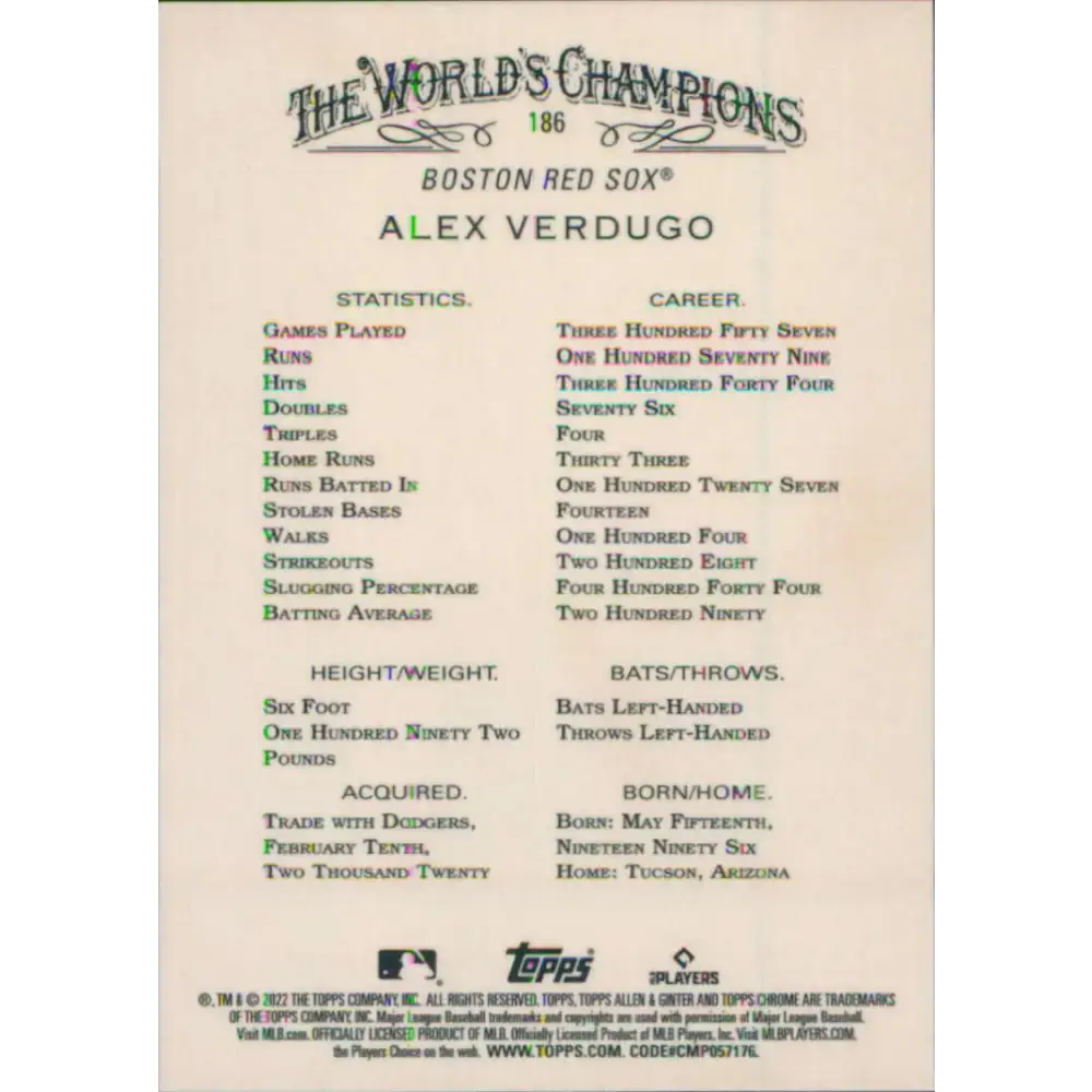 2022 Topps Allen and Ginter Chrome #186 Alex Verdugo NM-MT Boston Red Sox Baseball Card - Baseball Card Single