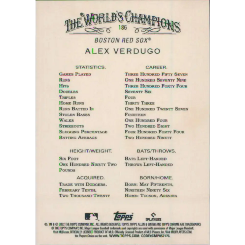 2022 Topps Allen and Ginter Chrome #186 Alex Verdugo NM-MT Boston Red Sox Baseball Card - Baseball Card Single