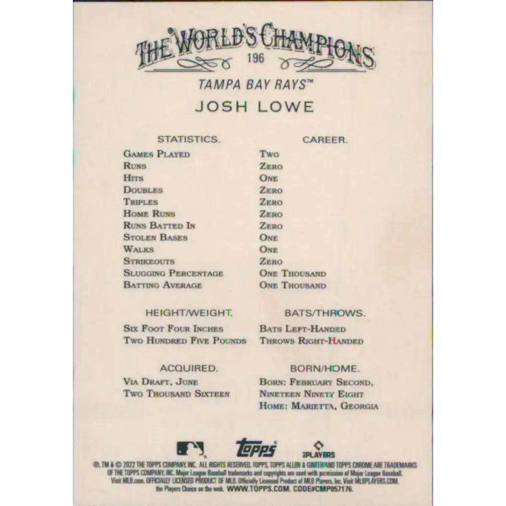 2022 Topps Allen and Ginter Chrome #196 Josh Lowe NM-MT RC Rookie Tampa Bay Rays Baseball Card - Baseball Card Single