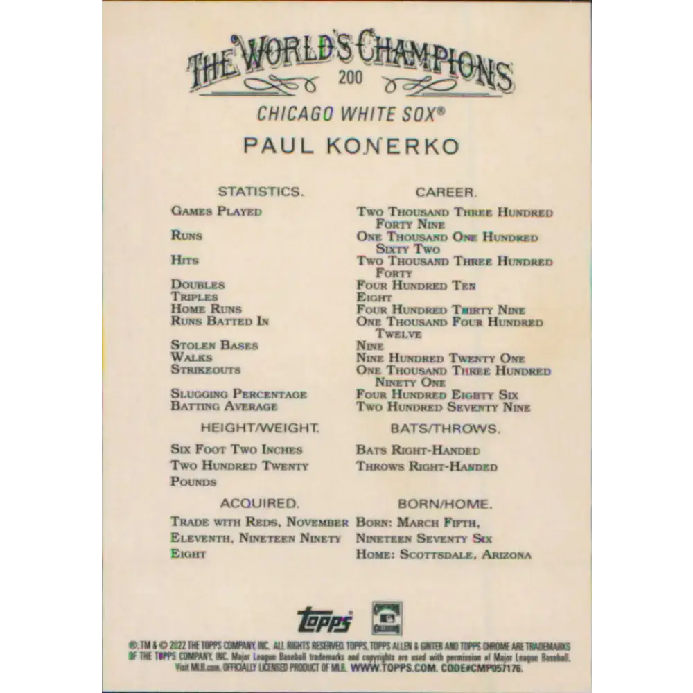 2022 Topps Allen and Ginter Chrome #200 Paul Konerko NM-MT Chicago White Sox Baseball Card - Baseball Card Single