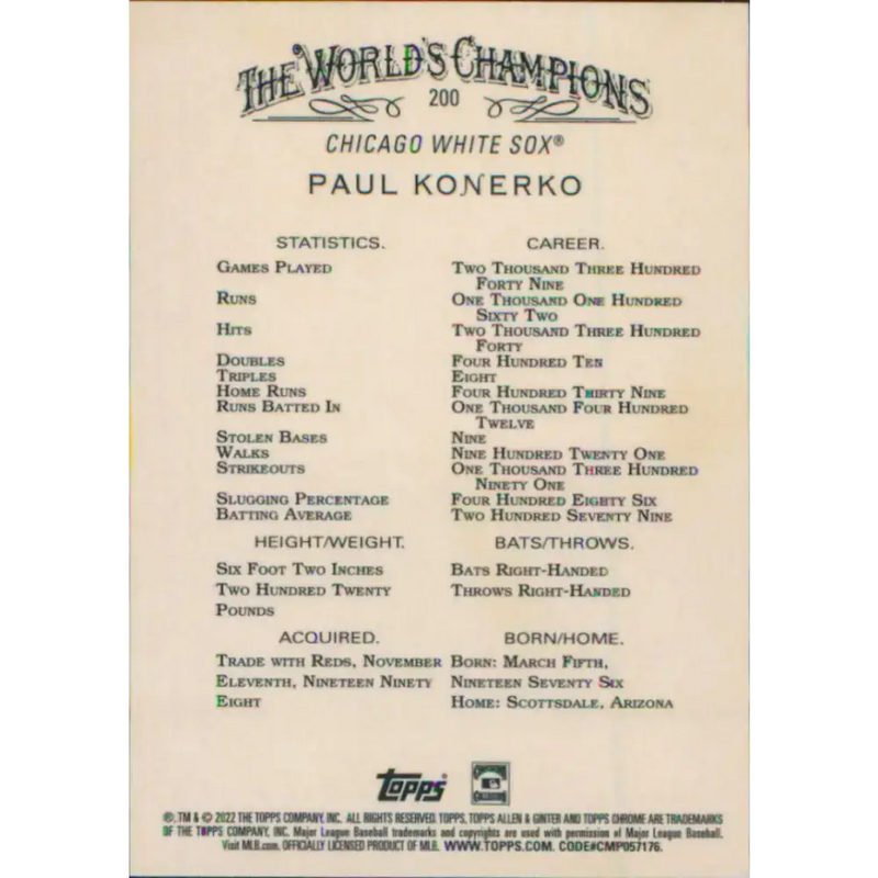 2022 Topps Allen and Ginter Chrome #200 Paul Konerko NM-MT Chicago White Sox Baseball Card - Baseball Card Single