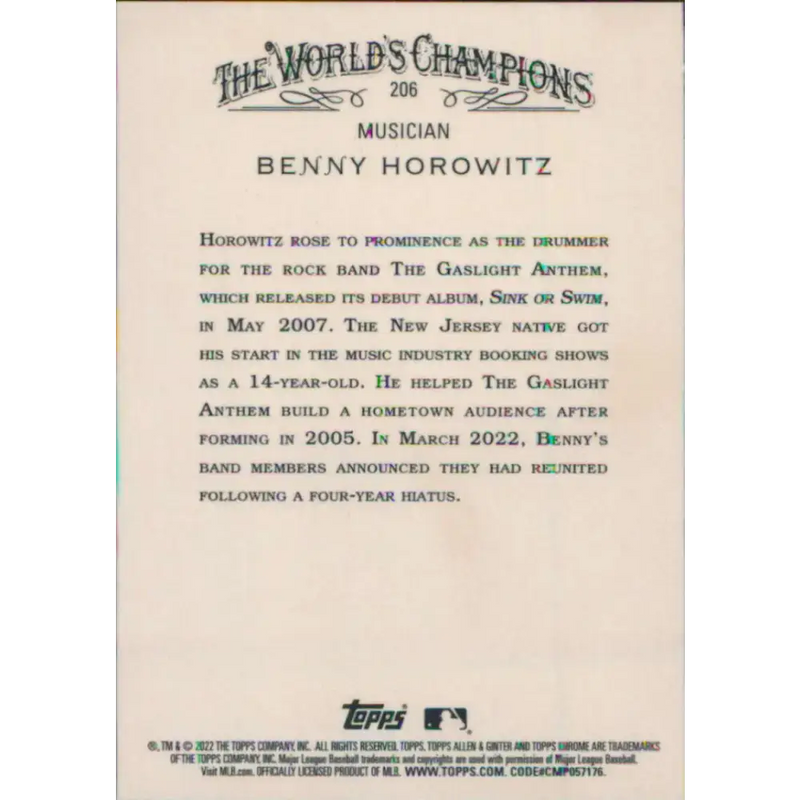 2022 Topps Allen and Ginter Chrome #206 Benny Horowitz NM-MT Baseball Card - Baseball Card Single