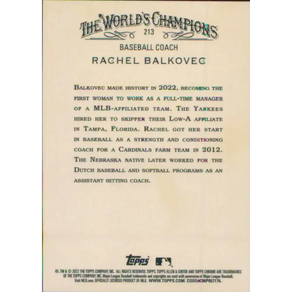 2022 Topps Allen and Ginter Chrome #213 Rachel Balkovec NM-MT Baseball Card - Baseball Card Single