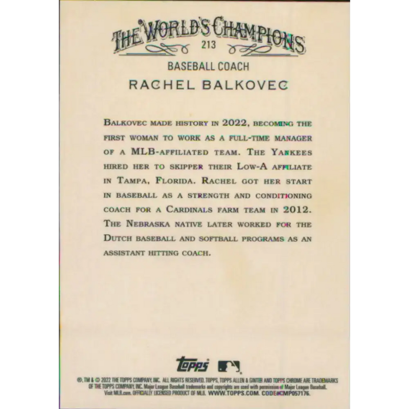 2022 Topps Allen and Ginter Chrome #213 Rachel Balkovec NM-MT Baseball Card - Baseball Card Single