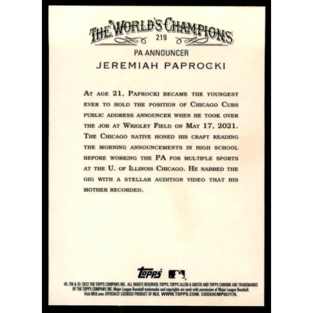 2022 Topps Allen and Ginter Chrome #219 Jeremiah Paprocki NM-MT Chicago Cubs Baseball Card - Baseball Card Single