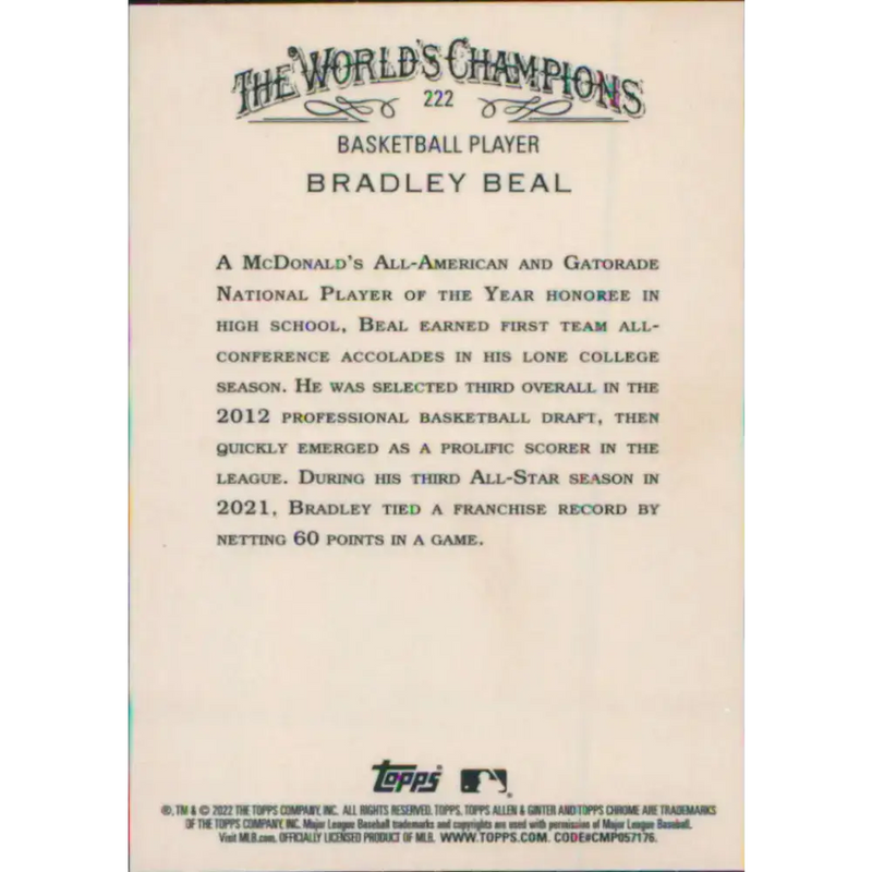 2022 Topps Allen and Ginter Chrome #222 Bradley Beal NM-MT Baseball Card - Baseball Card Single