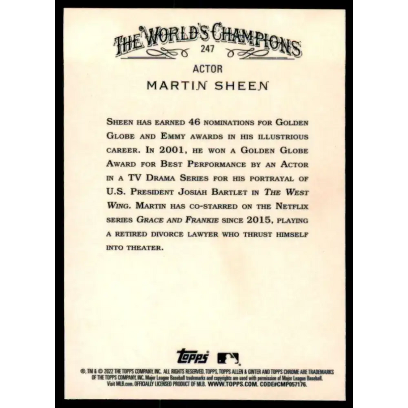 2022 Topps Allen and Ginter Chrome #247 Martin Sheen NM-MT Baseball Card - Baseball Card Single