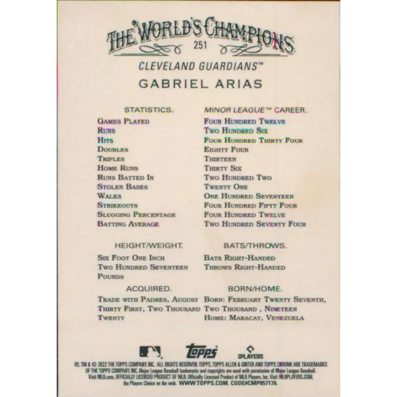 2022 Topps Allen and Ginter Chrome #251 Gabriel Arias NM-MT RC Rookie Cleveland Guardians Baseball Card - Baseball Card