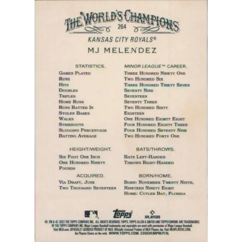 2022 Topps Allen and Ginter Chrome #264 MJ Melendez NM-MT RC Rookie Kansas City Royals Baseball Card - Baseball Card