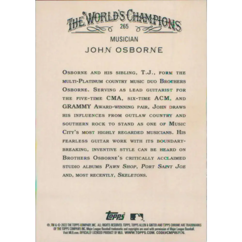 2022 Topps Allen and Ginter Chrome #265 John Osborne NM-MT Baseball Card - Baseball Card Single