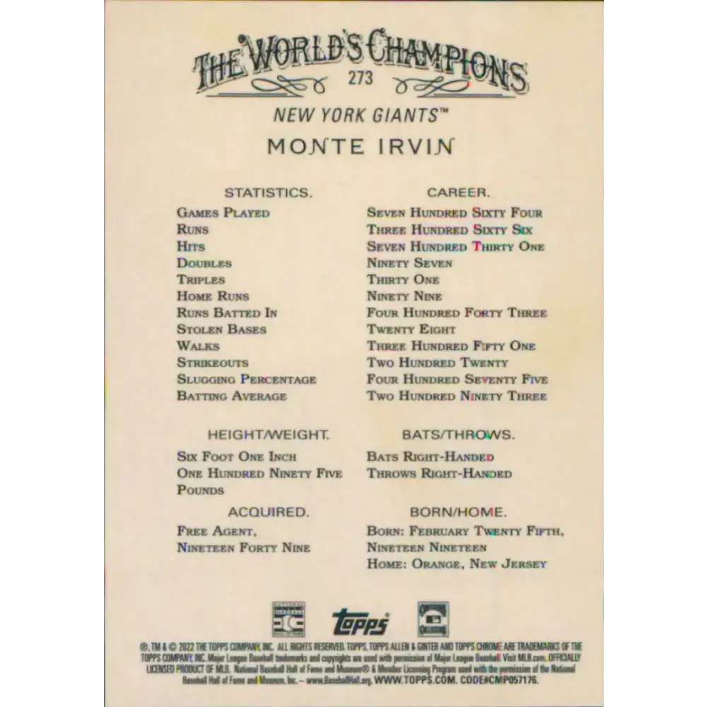 2022 Topps Allen and Ginter Chrome #273 Monte Irvin NM-MT New York Giants Baseball Card - Baseball Card Single