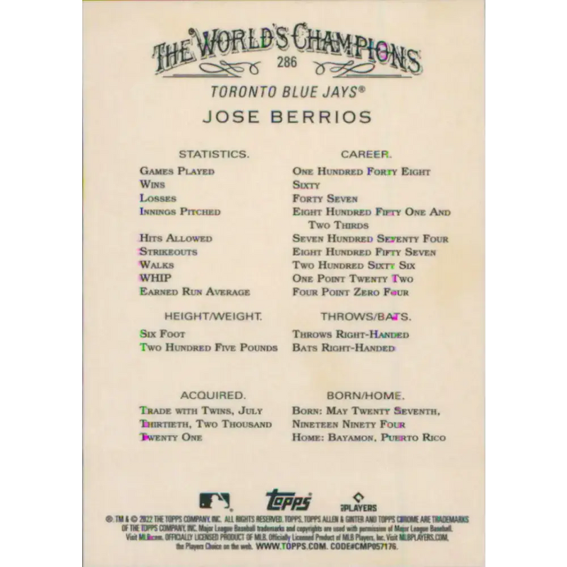 2022 Topps Allen and Ginter Chrome #286 Jose Berrios NM-MT Toronto Blue Jays Baseball Card - Baseball Card Single