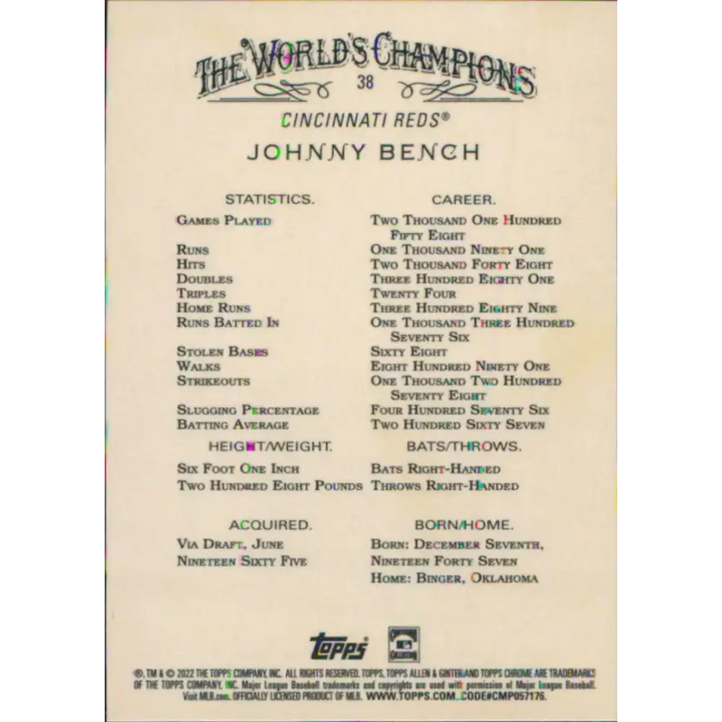 2022 Topps Allen and Ginter Chrome #38 Johnny Bench NM-MT Cincinnati Reds Baseball Card - Baseball Card Single