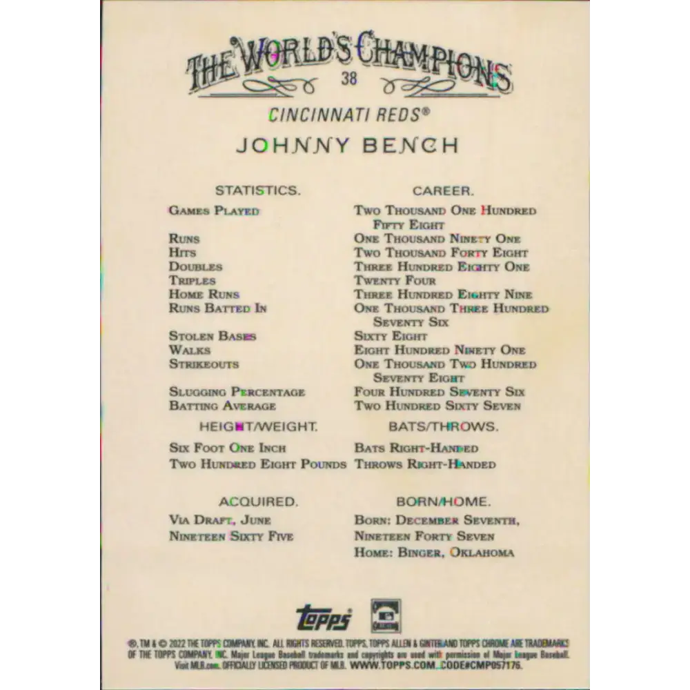 2022 Topps Allen and Ginter Chrome #38 Johnny Bench NM-MT Cincinnati Reds Baseball Card - Baseball Card Single