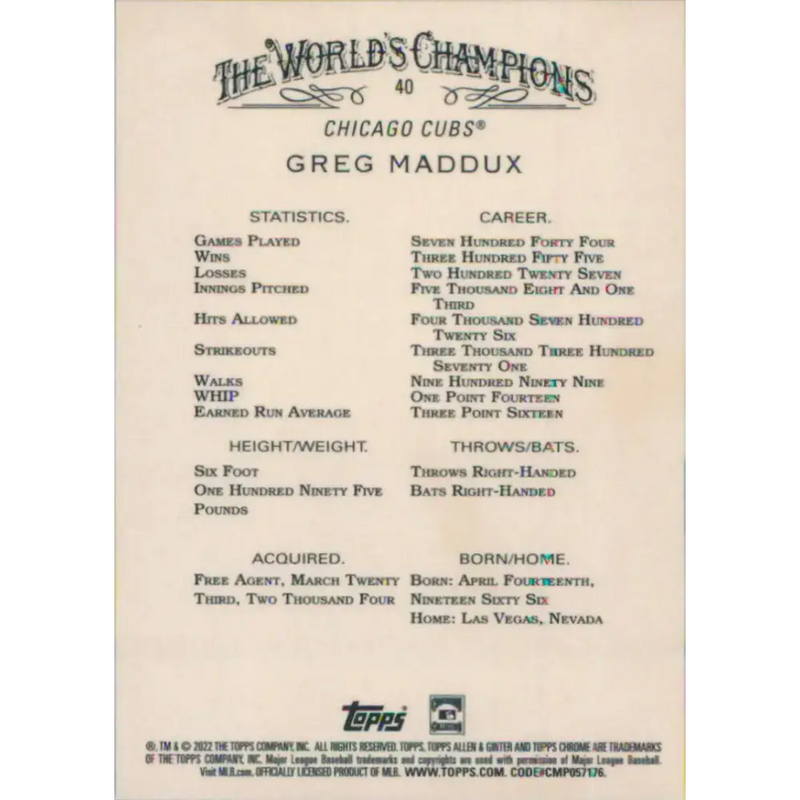 2022 Topps Allen and Ginter Chrome #40 Greg Maddux NM-MT Chicago Cubs Baseball Card - Baseball Card Single