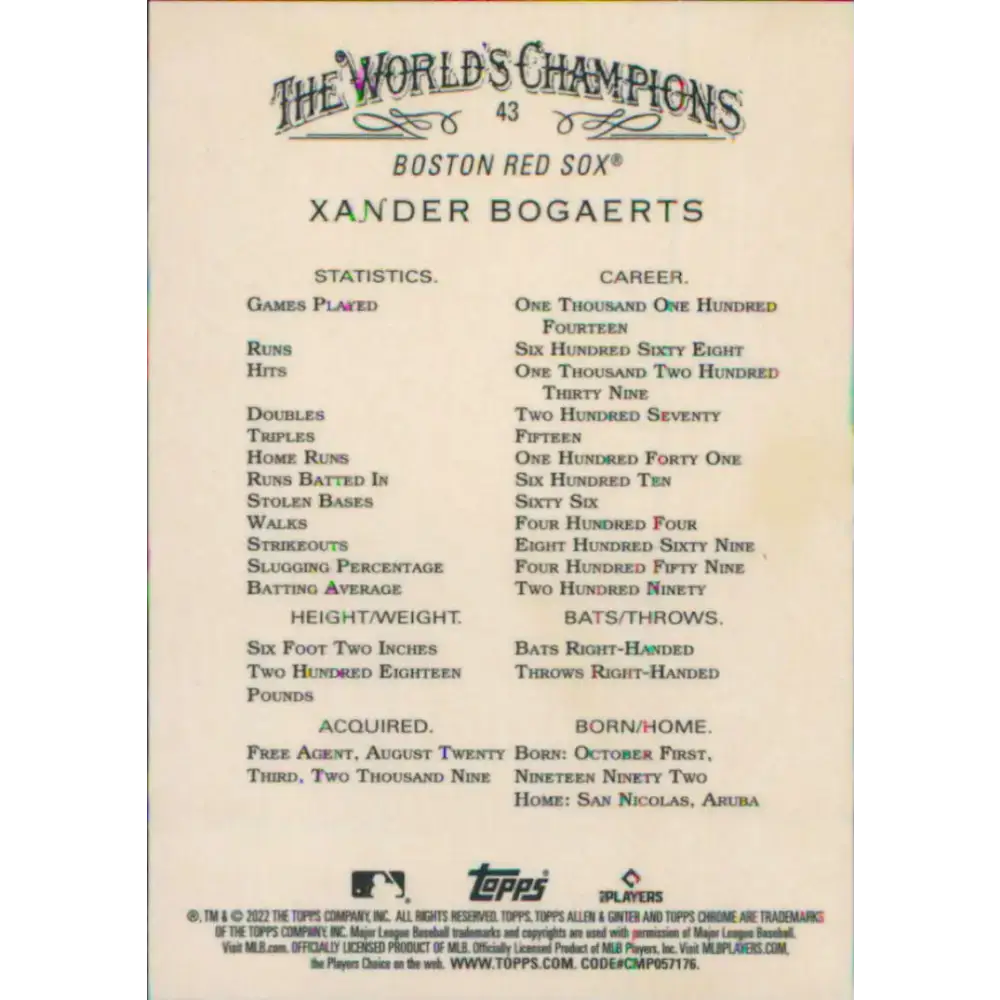 2022 Topps Allen and Ginter Chrome #43 Xander Bogaerts NM-MT Boston Red Sox Baseball Card - Baseball Card Single