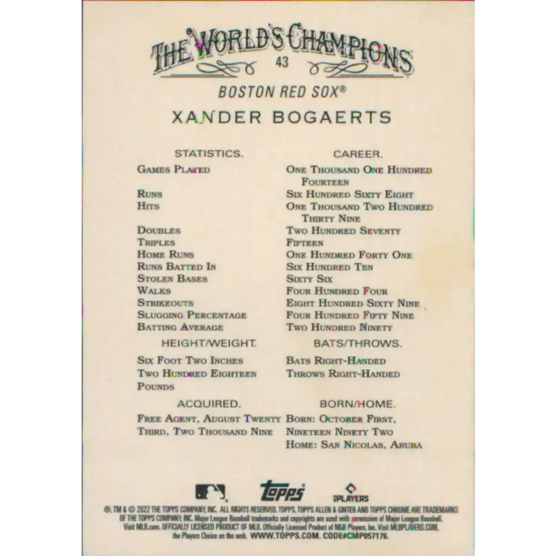 2022 Topps Allen and Ginter Chrome #43 Xander Bogaerts NM-MT Boston Red Sox Baseball Card - Baseball Card Single