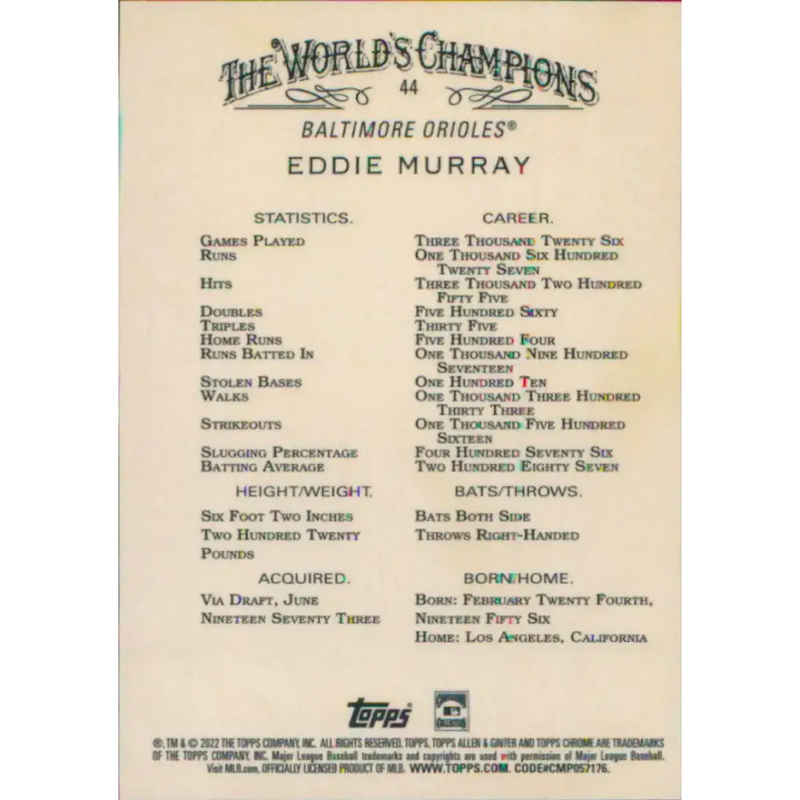 2022 Topps Allen and Ginter Chrome #44 Eddie Murray NM-MT Baltimore Orioles Baseball Card - Baseball Card Single