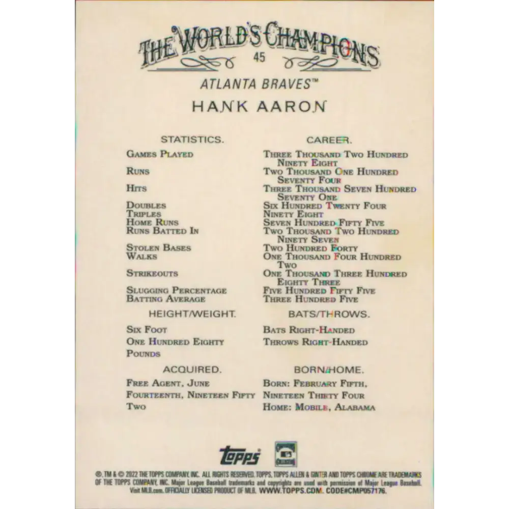 2022 Topps Allen and Ginter Chrome #45 Hank Aaron NM-MT Atlanta Braves Baseball Card - Baseball Card Single