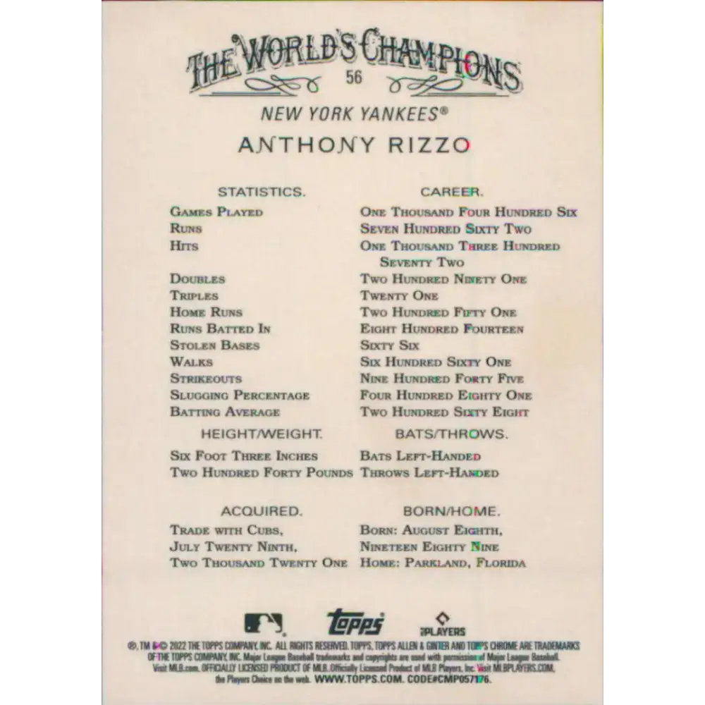 2022 Topps Allen and Ginter Chrome #56 Anthony Rizzo NM-MT New York Yankees Baseball Card - Baseball Card Single