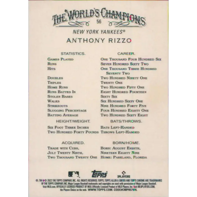2022 Topps Allen and Ginter Chrome #56 Anthony Rizzo NM-MT New York Yankees Baseball Card - Baseball Card Single