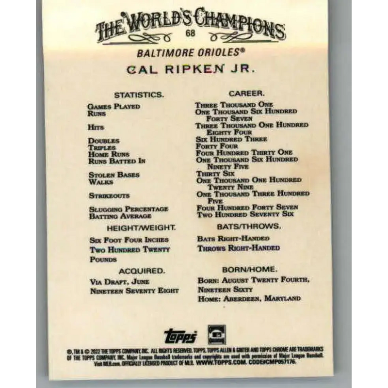2022 Topps Allen and Ginter Chrome #68 Cal Ripken Jr. NM-MT Baltimore Orioles Baseball Card - Baseball Card Single