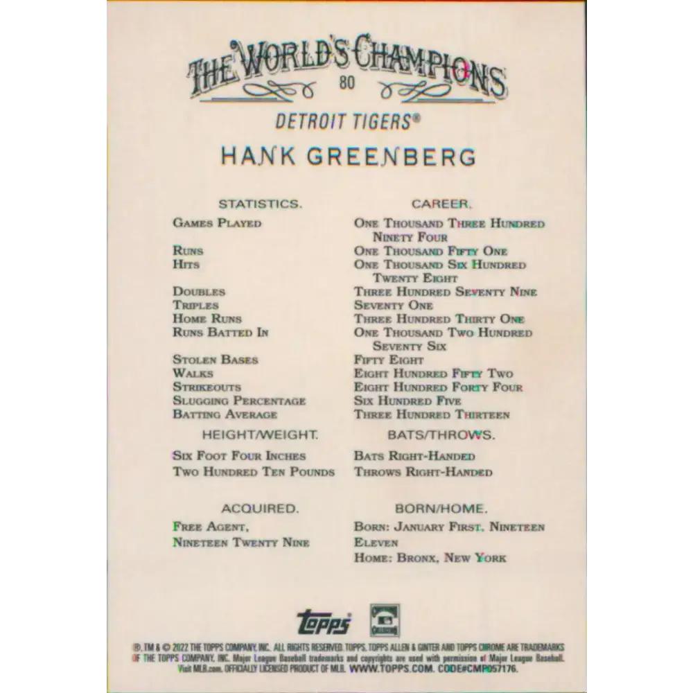 2022 Topps Allen and Ginter Chrome #80 Hank Greenberg NM-MT Detroit Tigers Baseball Card - Baseball Card Single