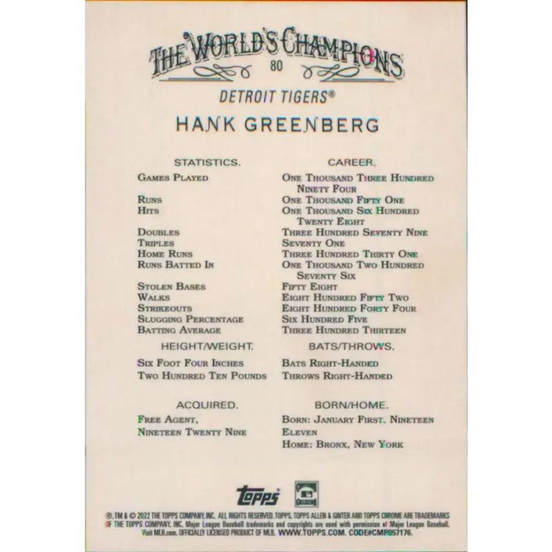 2022 Topps Allen and Ginter Chrome #80 Hank Greenberg NM-MT Detroit Tigers Baseball Card - Baseball Card Single