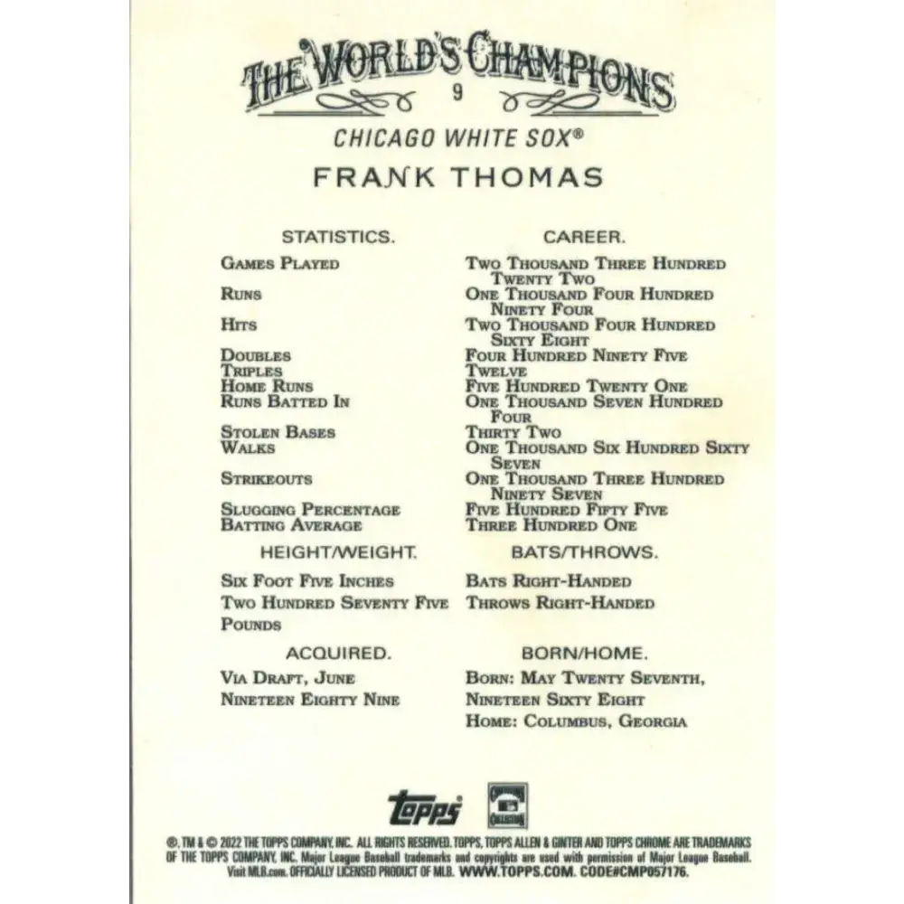 2022 Topps Allen and Ginter Chrome #9 Frank Thomas NM-MT Chicago White Sox Baseball Card - Baseball Card Single