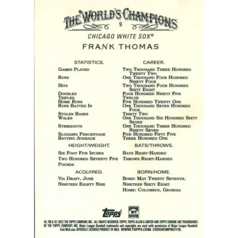 2022 Topps Allen and Ginter Chrome #9 Frank Thomas NM-MT Chicago White Sox Baseball Card - Baseball Card Single