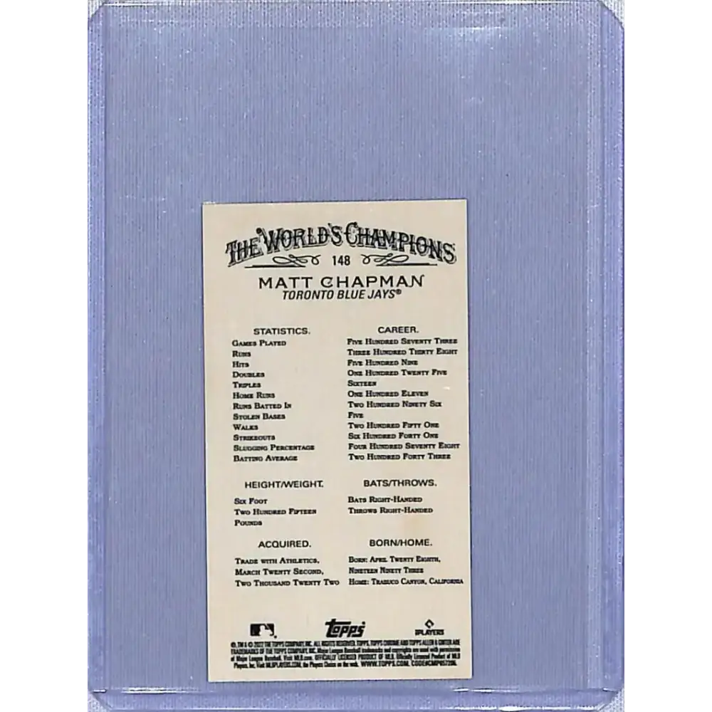 2022 Topps Allen and Ginter Chrome Mini Refractor #148 Matt Chapman NM-MT Toronto Blue Jays Baseball Card - Baseball