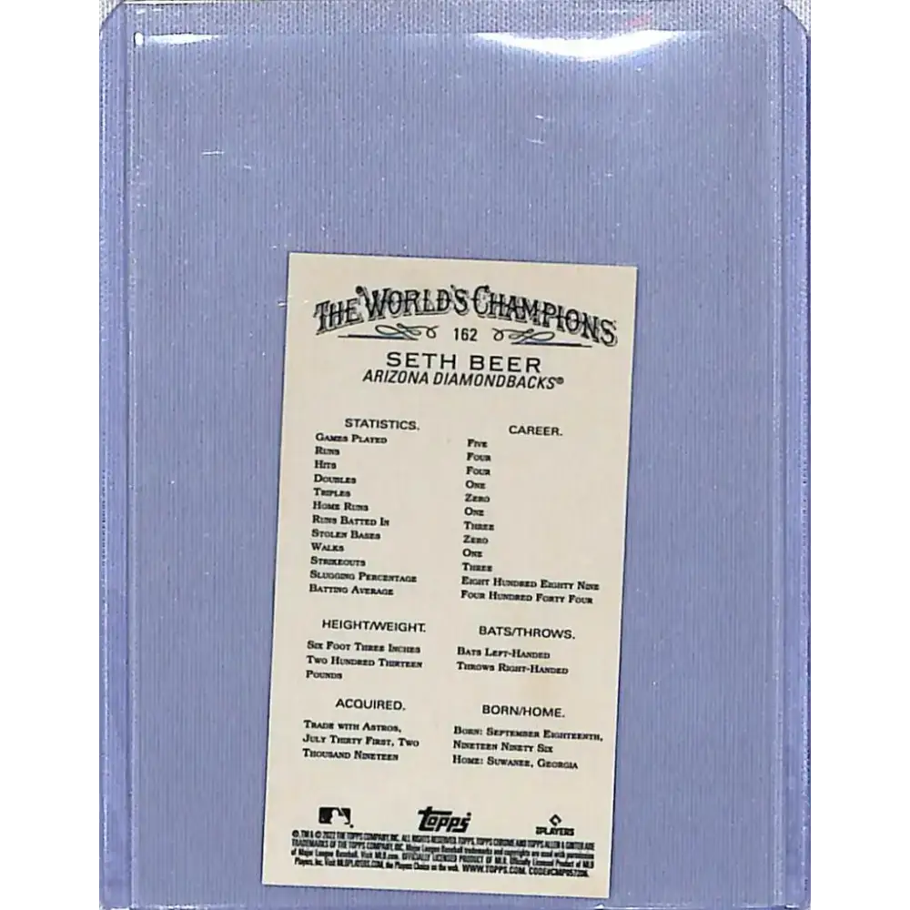 2022 Topps Allen and Ginter Chrome Mini Refractor #162 Seth Beer NM-MT RC Rookie Arizona Diamondbacks Baseball Card