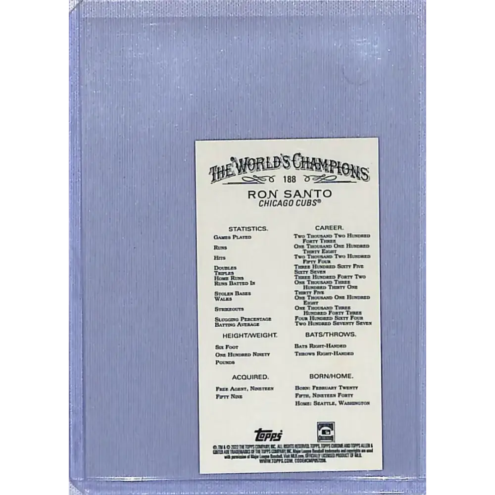 2022 Topps Allen and Ginter Chrome Mini Refractor #188 Ron Santo NM-MT Chicago Cubs Baseball Card - Baseball Card Single